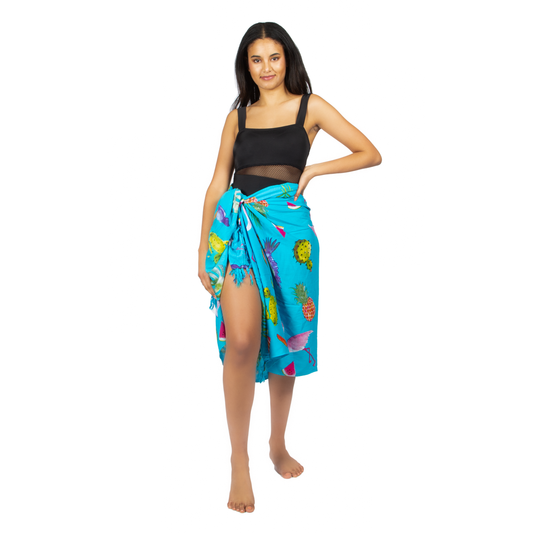 Flamingo & Fruit Print Sarong - Blue