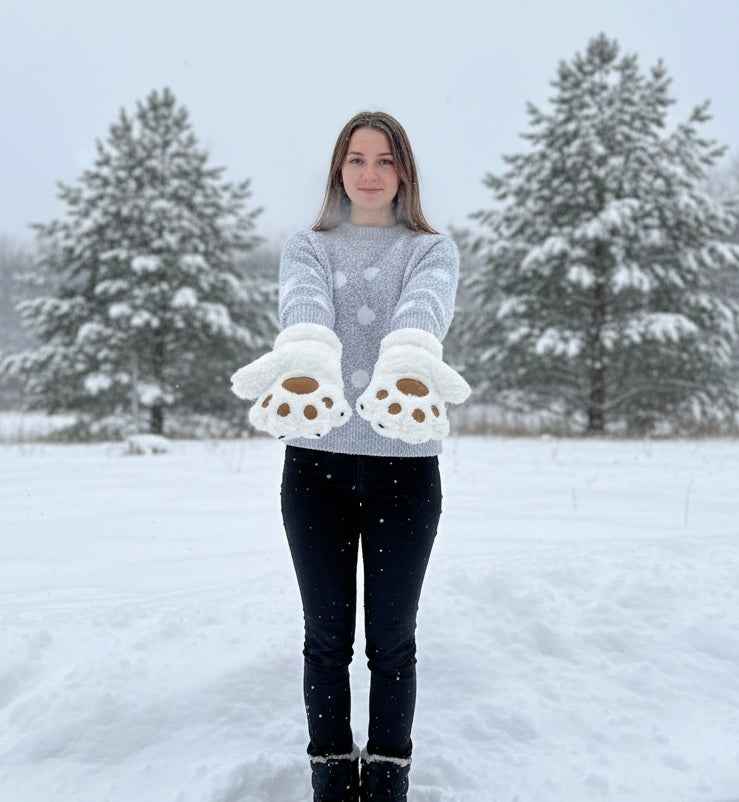 White Soft Plush  Bear Paw Gloves