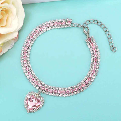 Pinkess Heart Dog Necklace | Rhinestone Dog Jewelry Accessory