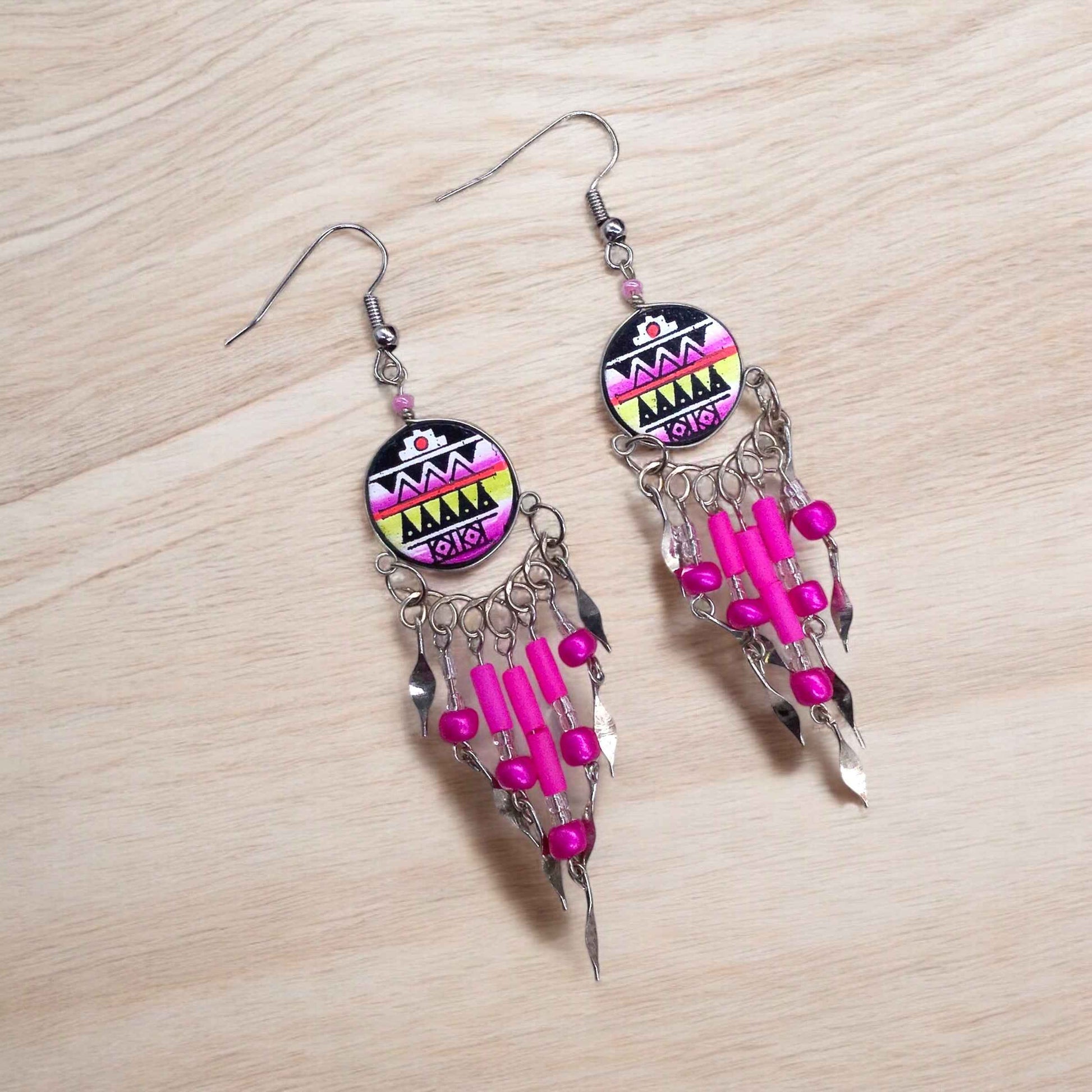 Pink and Black Southwestern Round Shaped Dangle Earrings
