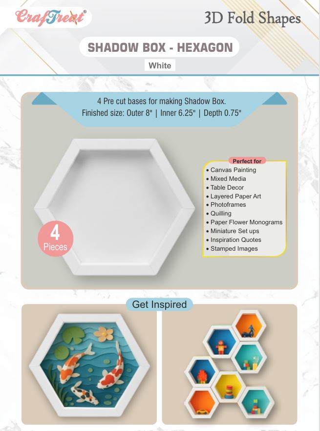 CrafTreat 3D Fold Shapes - Shadow Box White - Hexagon 4pcs