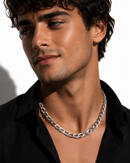 CHAPORA Silver (White Gold): Textured Cuban-Link Chunky Chain Necklace for Men & Women