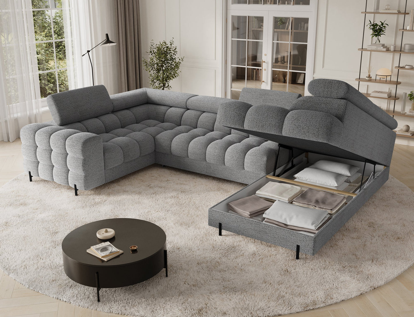 Fectory Sektional Schlafsofa mit Chaiselongue – Grau