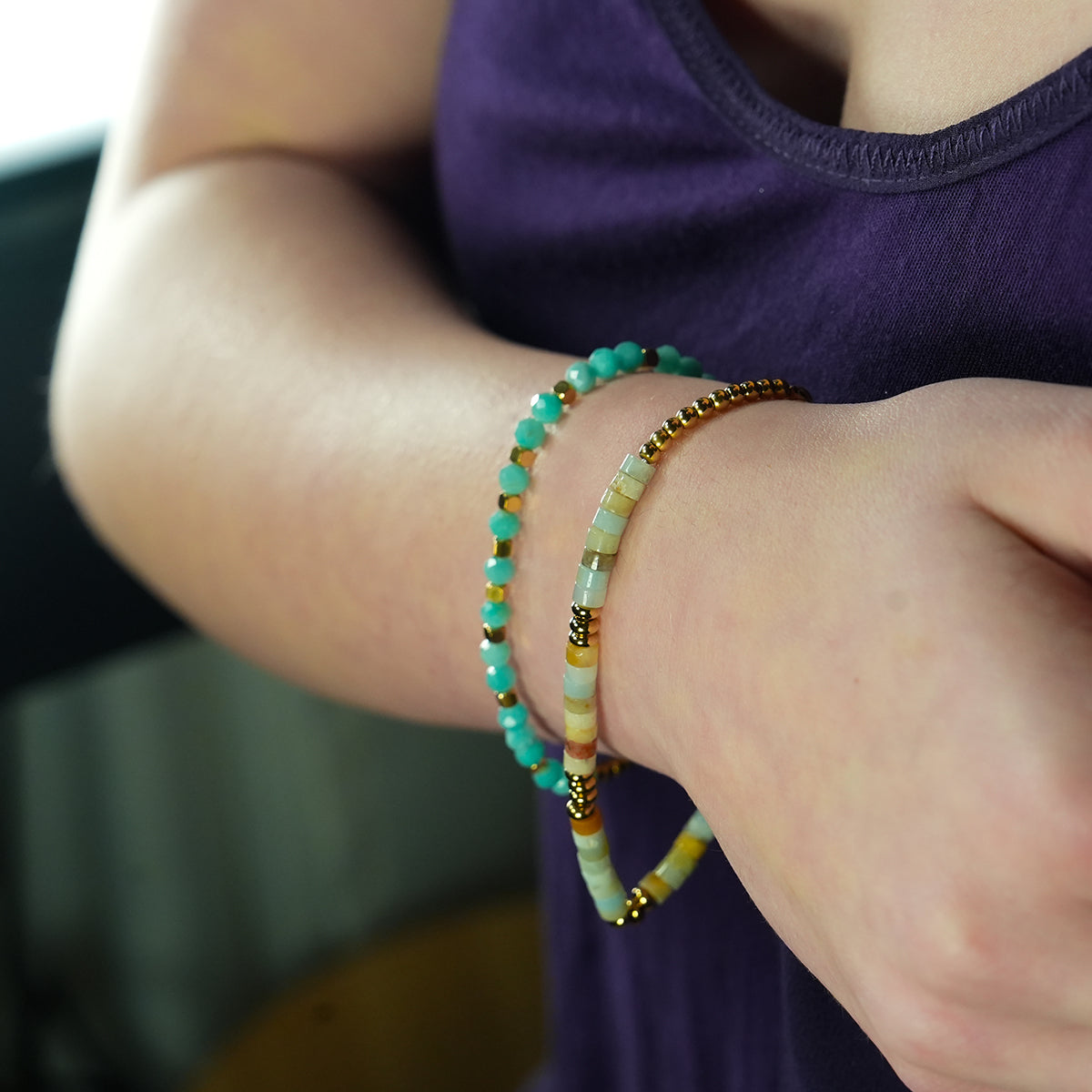 CLEMENTINA Gold: Amazonite Stones & Gold Beaded Bracelet