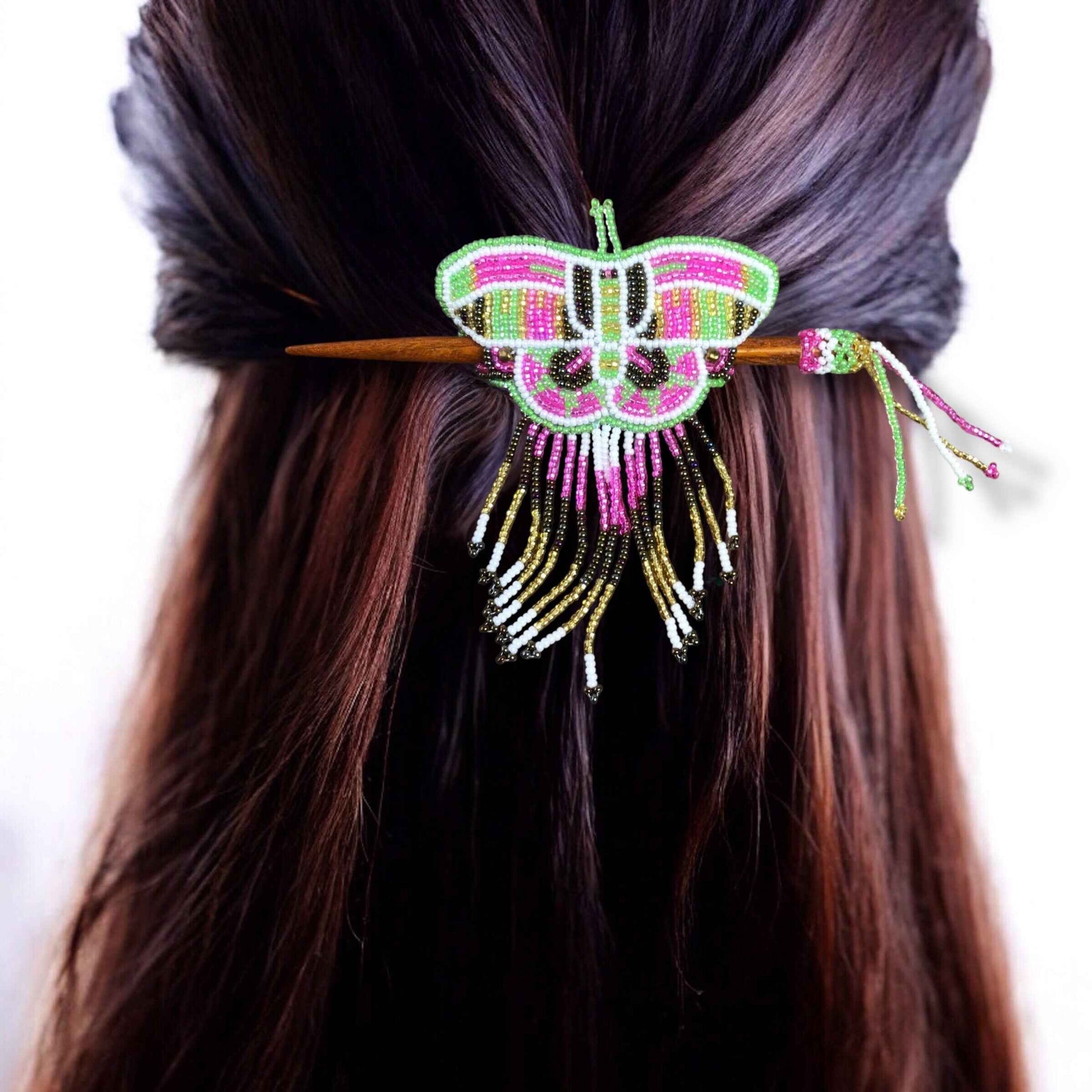 Pink and Green Wooden Stick Butterfly Beaded Barrette with Fringes