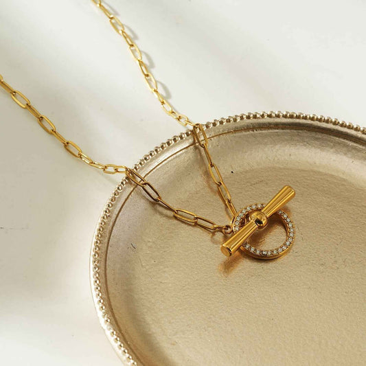 SADIKA Gold: Modern Pavé Zirconia Halo Toggle Necklace
