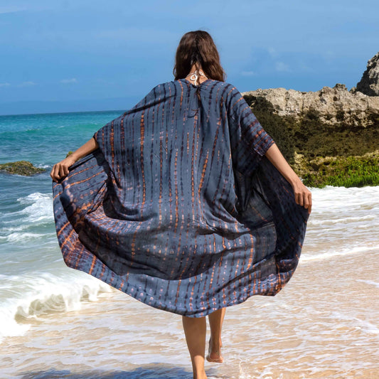 Long Kimono In Denim & Gold Tie Dye