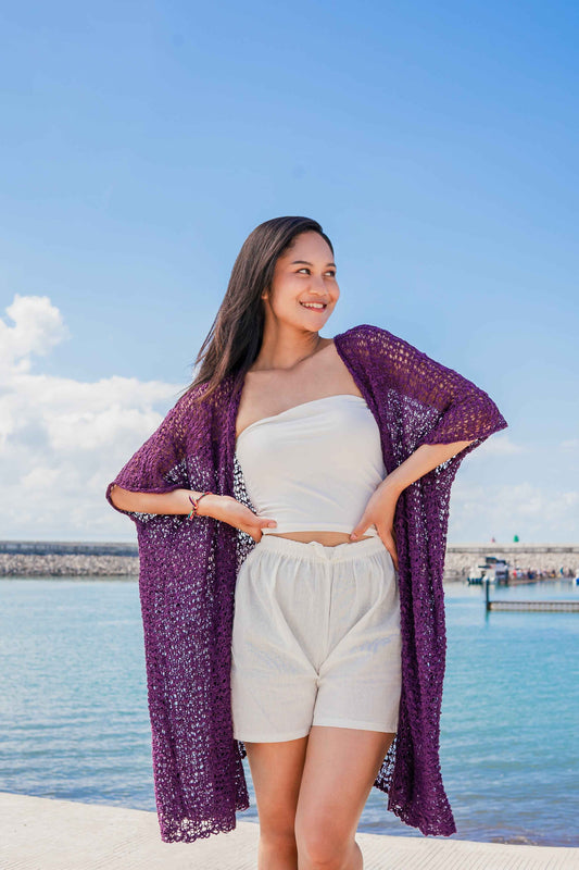 Mid Length Popcorn Knit Kimono - Purple