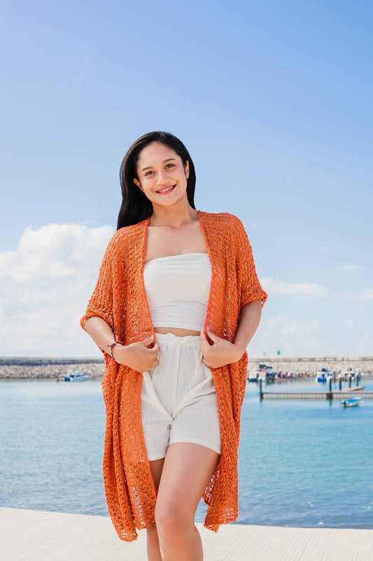 Mid Length Popcorn Knit Kimono - Orange