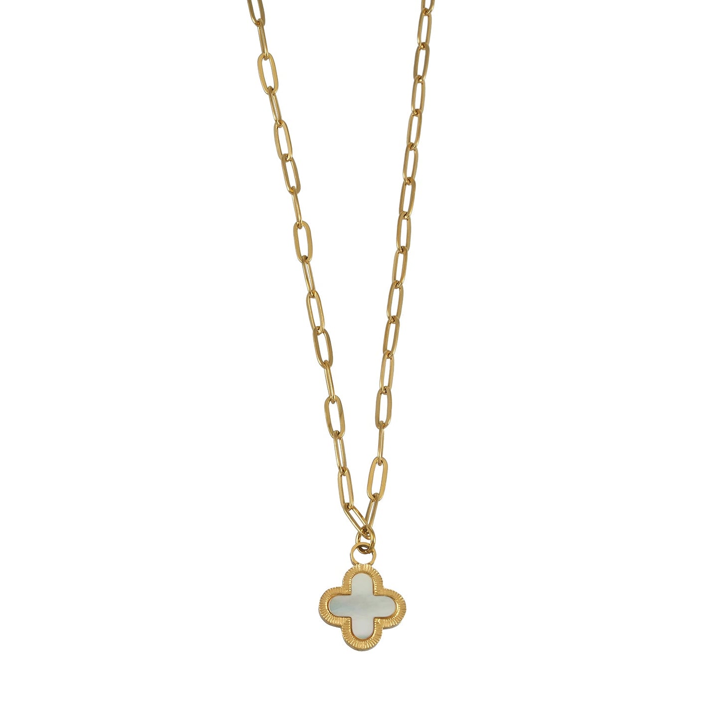 MAKA Gold: Clover Shaped Charm in Natural Shell & Gold Metal Border on a Paperclip Chain