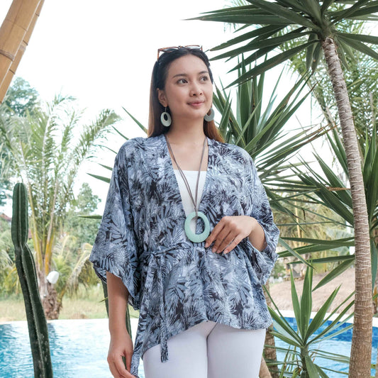 Fern Print Short Kimono - Grey