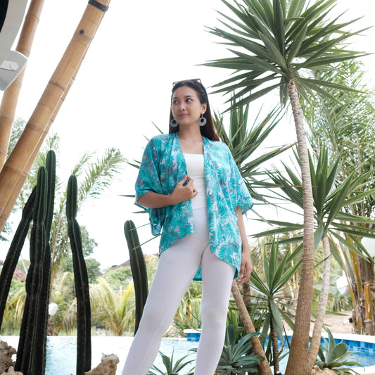 Fern Print Short Kimono - Mint & Grey