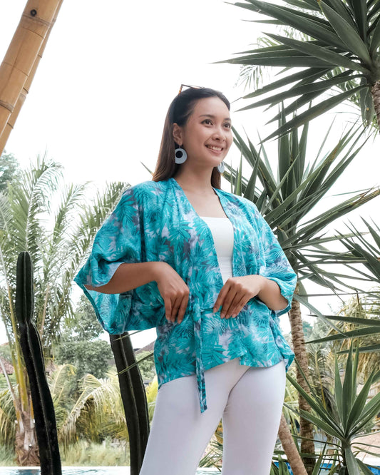 Fern Print Short Kimono - Mint & Grey