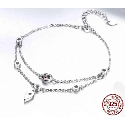 Sterling Silver Double Layer Bracelet with Pink CZ Hearts