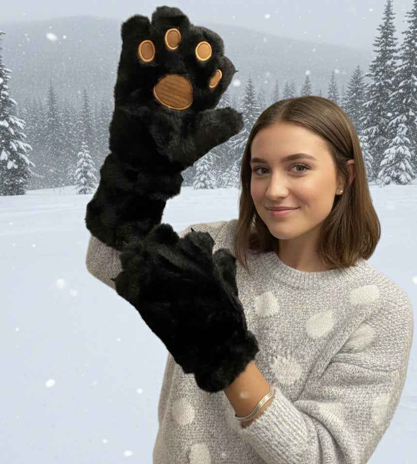 Black Soft Plush Bear Paw Gloves