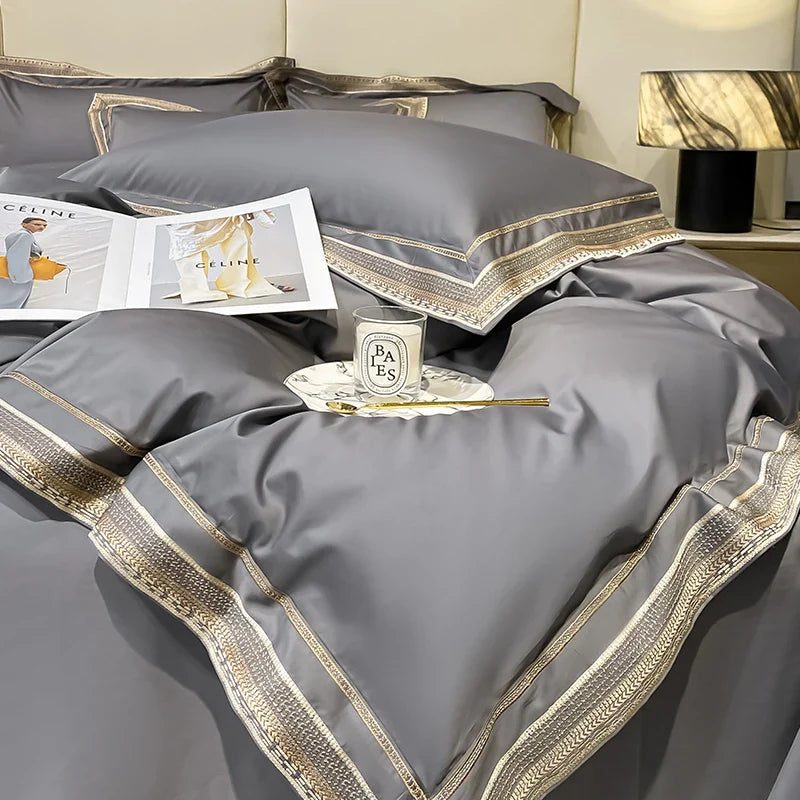Royal Retreat Goldrand Besticktes 1000 TC Bettwäsche-Set - Grau