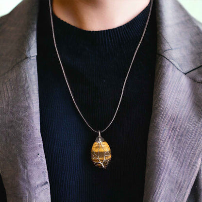 Yellow golden  tiger eyes Gemstone Pendant Wrapped w/ Silver Tree of Life