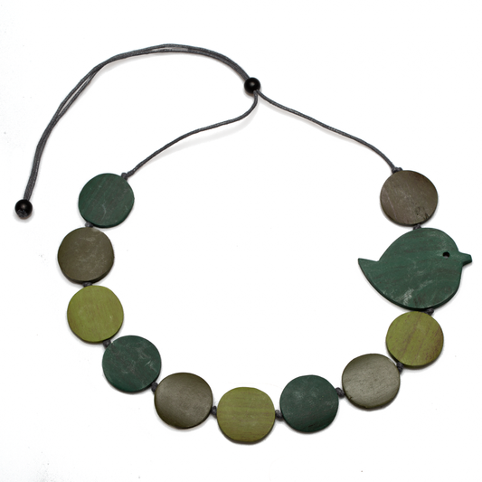 Fat Bird On Wooden Disc Necklace