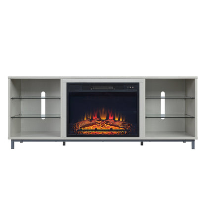 Feuriger 60" TV-Ständer/Kamin mit Glasablagen – Beiger Hochglanz