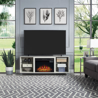 Feuriger 60" TV-Ständer/Kamin mit Glasablagen – Beiger Hochglanz