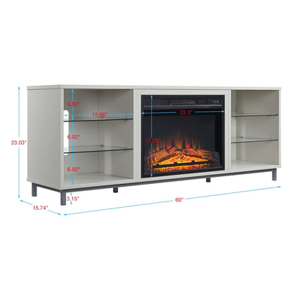 Feuriger 60" TV-Ständer/Kamin mit Glasablagen – Beiger Hochglanz