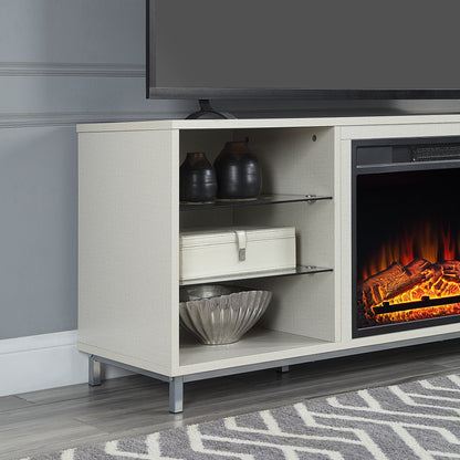 Feuriger 60" TV-Ständer/Kamin mit Glasablagen – Beiger Hochglanz