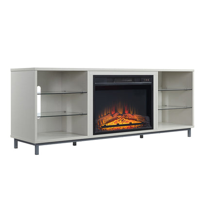 Feuriger 60" TV-Ständer/Kamin mit Glasablagen – Beiger Hochglanz
