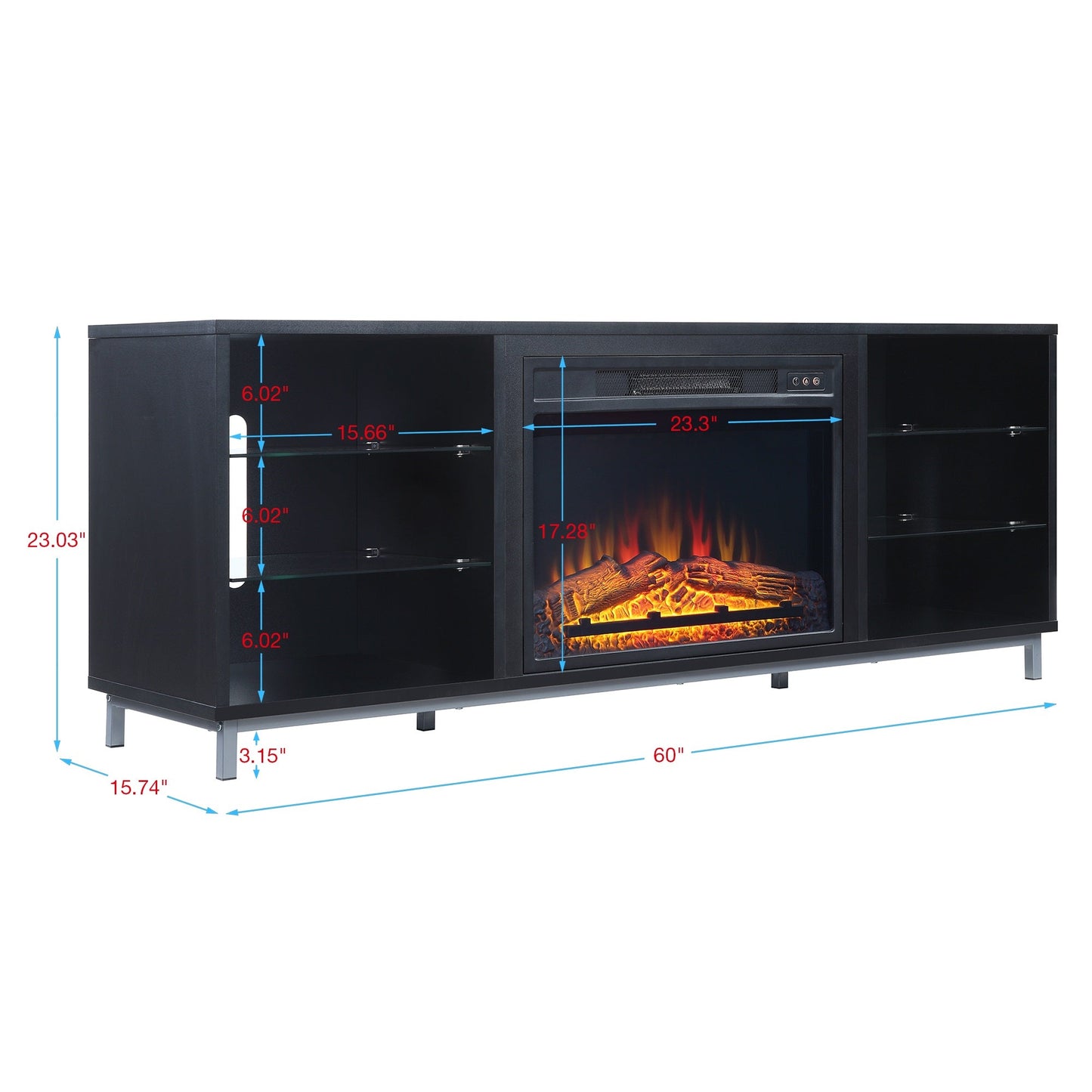 Firey 60" TV-Schrank/Kamin mit Glasablagen – Schwarz Hochglanz