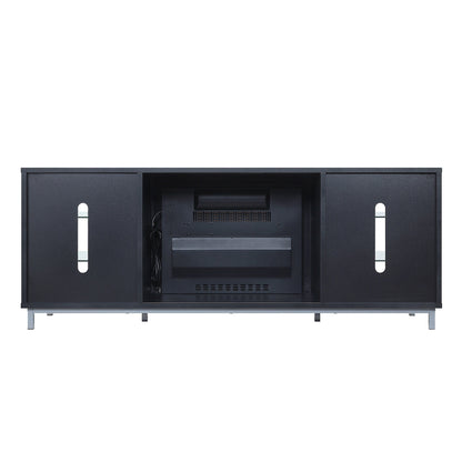 Firey 60" TV-Schrank/Kamin mit Glasablagen – Schwarz Hochglanz