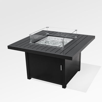 Outdoor Black Aluminum Square Fire Pit Table with Wind Guard & Cover