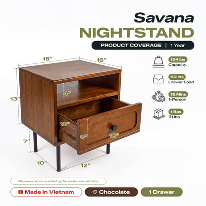 Savana Single Drawer Solid Wood Nightstand