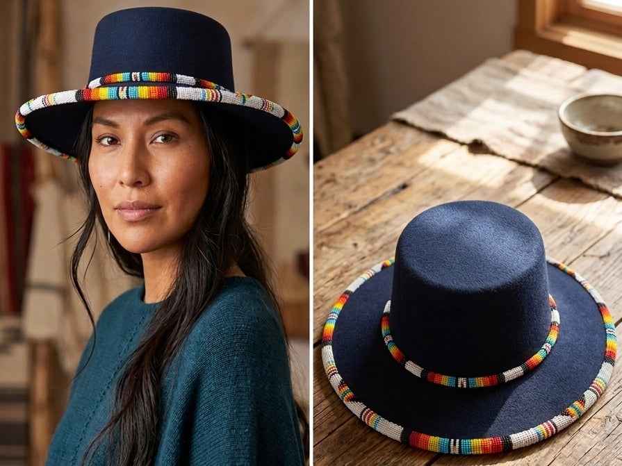Size- 56 Beaded Flat-Brim Felt  Hat