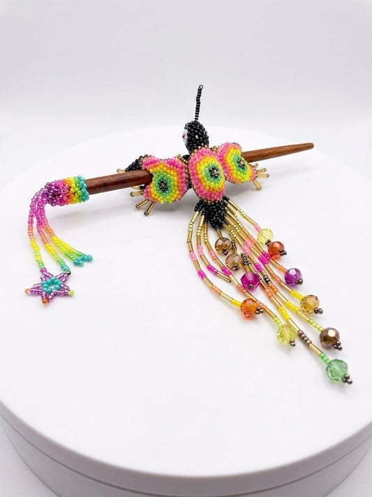 Golden Hummingbird Beaded Hair Stick