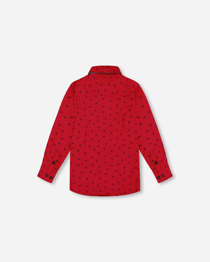 Printed Reindeer Poplin Shirt With Bow Tie Red