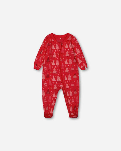 Organic Cotton One Piece Pajama Red Printed Christmas Tree