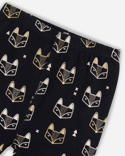 Organic Cotton Two Piece Pajama Set Black Printed Fox
