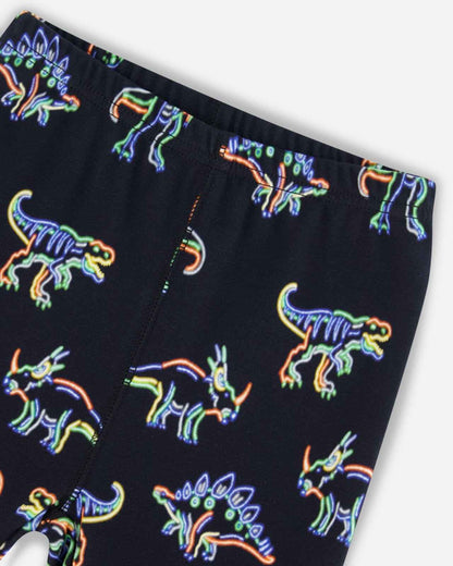 Organic Cotton Two Piece Pajama Set Black Printed Neon Dino