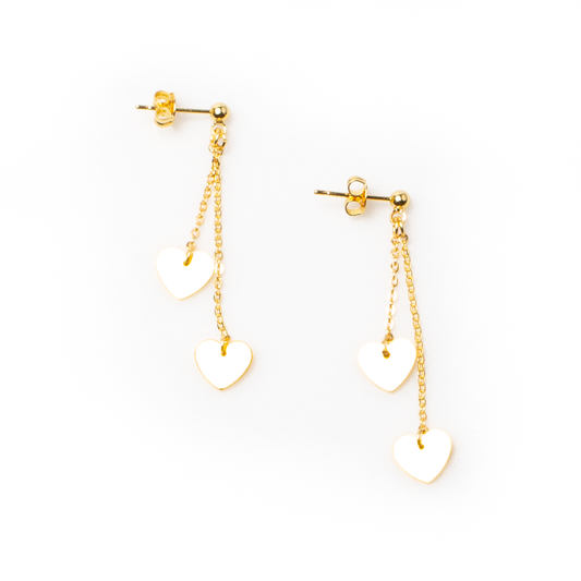 Double Drop Heart Chain Stud Earring In Gold Plate