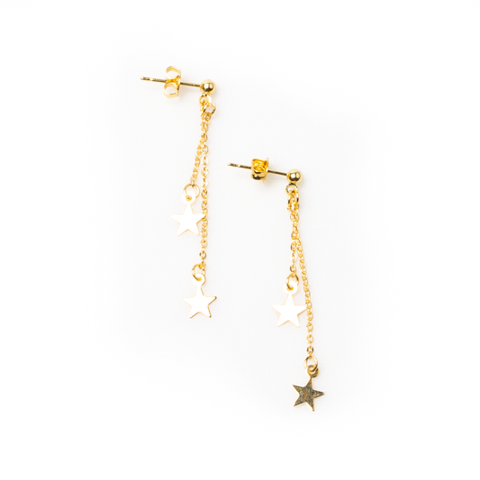 Double Drop Star Chain Stud Earring In Gold Plate