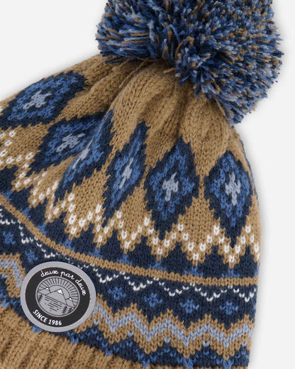 Lined Peruvian Knit Pompom Hat Taupe And Navy
