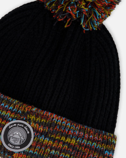 Lined Knit Winter Hat With Pompom Black And Multicolor