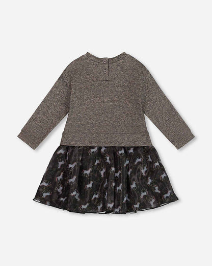 Bi-Material Dress Black With Mesh Skirt And Heart