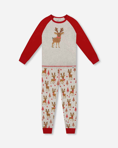 Organic Cotton Two-Piece Pajamas Beige Girly Reindeer Print