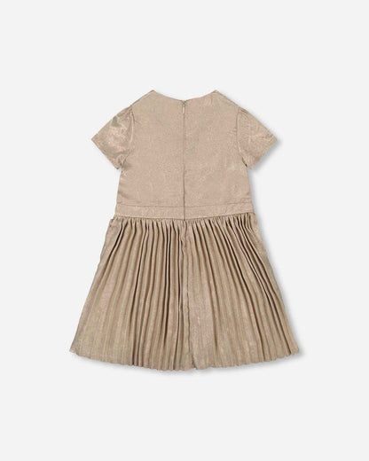 Short Sleeve Dress With Pleated Skirt Light Caramel