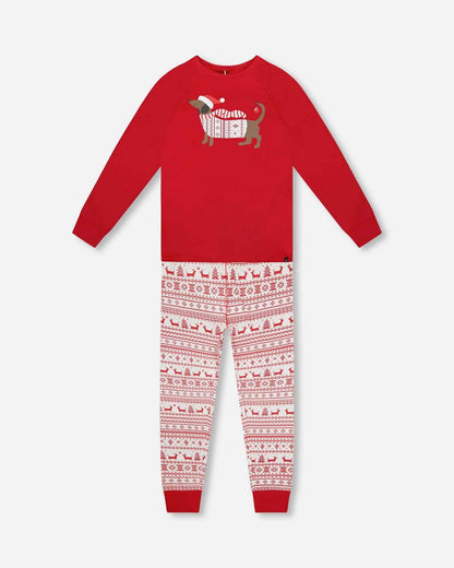 Adult Men Organic Cotton Two-Piece Pajama Set Red And White Fairisle