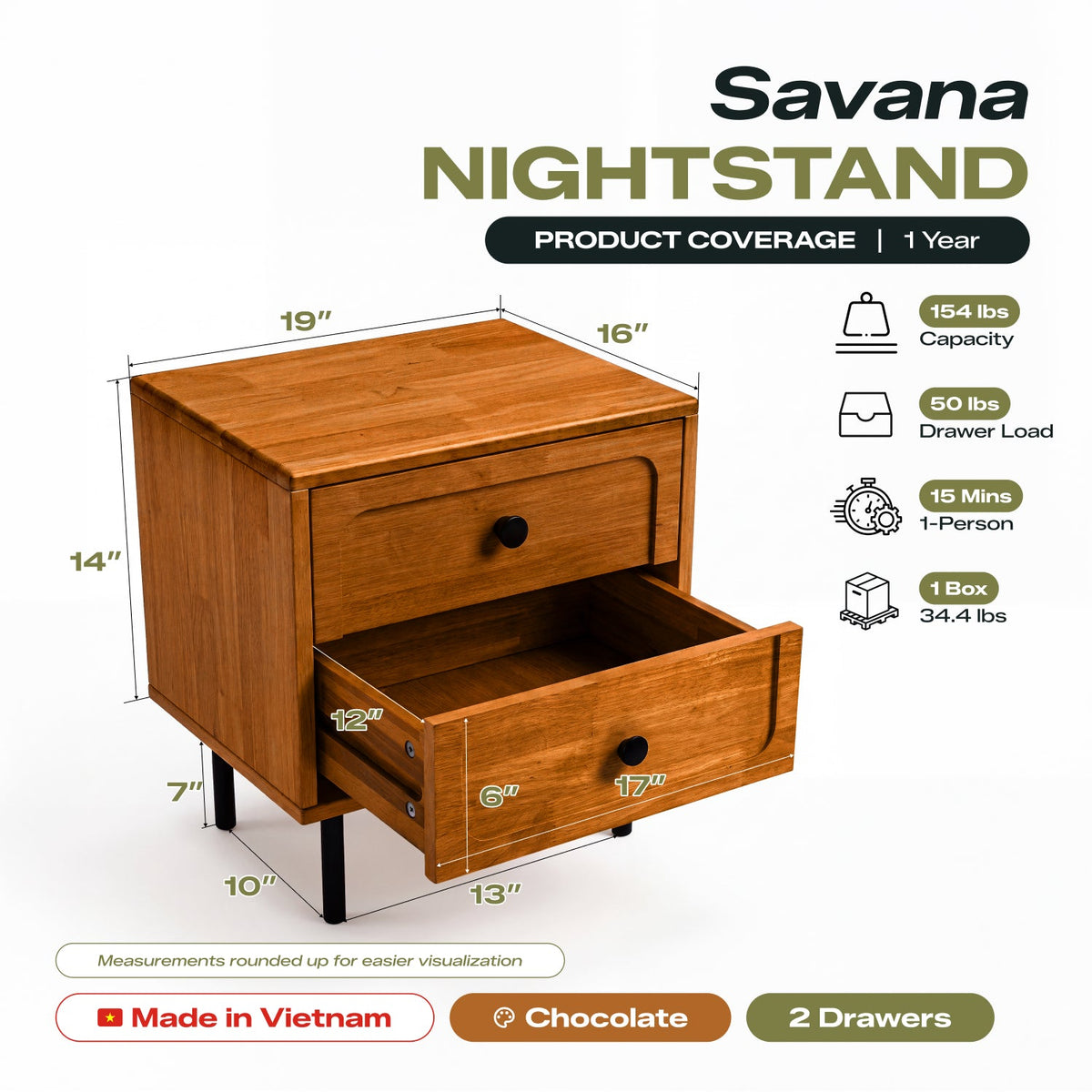 Savana Two Drawers Solid Wood Nightstand