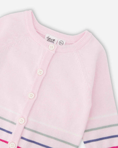 Cotton Knit Striped Button Front Cardigan Light Pink