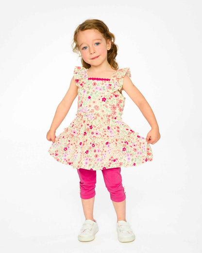 Tunic And Organic Cotton Capri Set Off White Printed Flowers And Pink