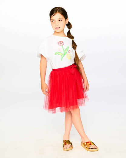 Mesh And Eyelet Skirt Red