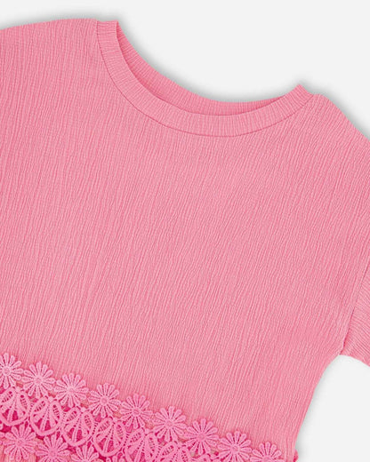 Crinkle Jersey Long T-Shirt With Crochet Insert Pink